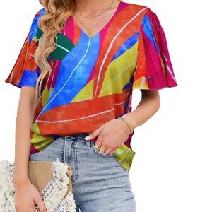Pleated Flutter Sleeve V-Neck Blouse | Abstract Multicolor Pattern | Chiffon